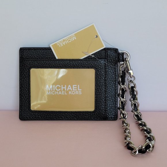 MICHAEL KORS Jet Set Small ID Pebbled Leather Chain Card Holder Case-Black🎈$69 - Picture 7 of 16